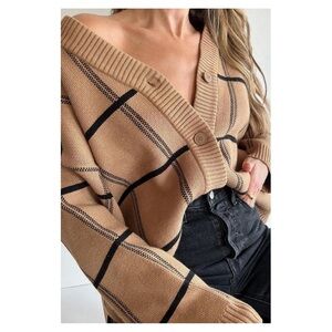 OAK & FORT • Oversized Plaid Cardigan in Camel Black
